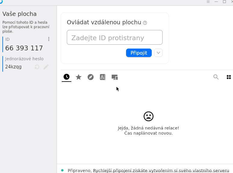 Okno aplikace RustDesk s ID a jednorázovým heslem